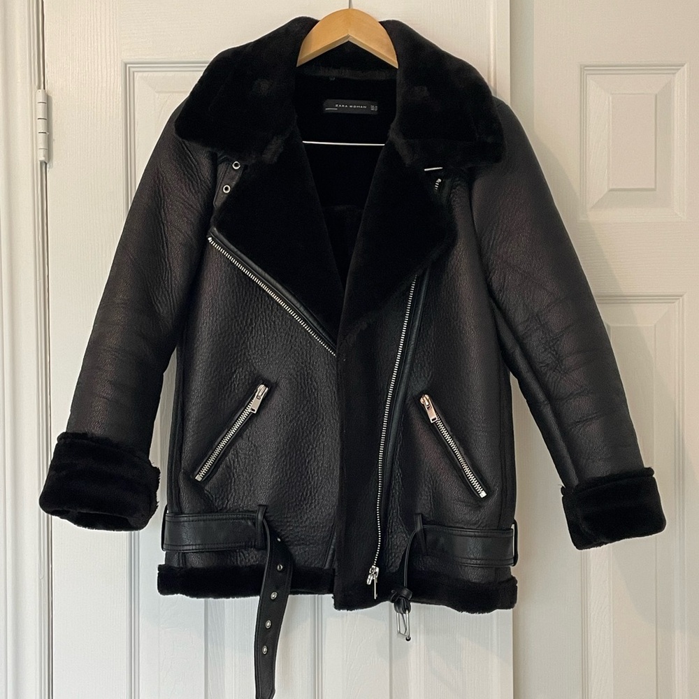 Zara Black Faux Leather Jacket Asymmetrical Moto Style